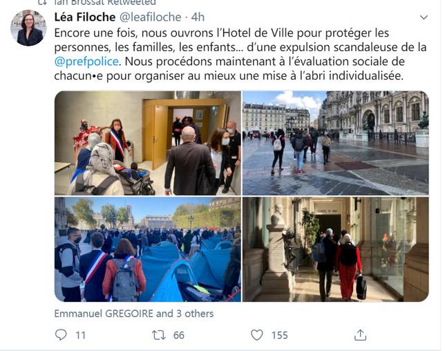 主管團結、社會事務的副市長菲洛什（Filoche）也在推特上發佈了一系列接待難民的照片，並指責巴黎警