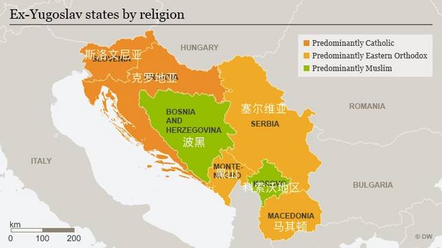 南斯拉夫宗教分佈，綠色區域信仰伊斯蘭教，橙色區域信仰天主教，黃色區域信仰東正教