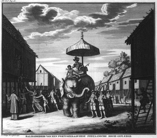 17世紀葡萄牙曾進犯緬甸和泰國，圖為葡萄牙人騎著大象