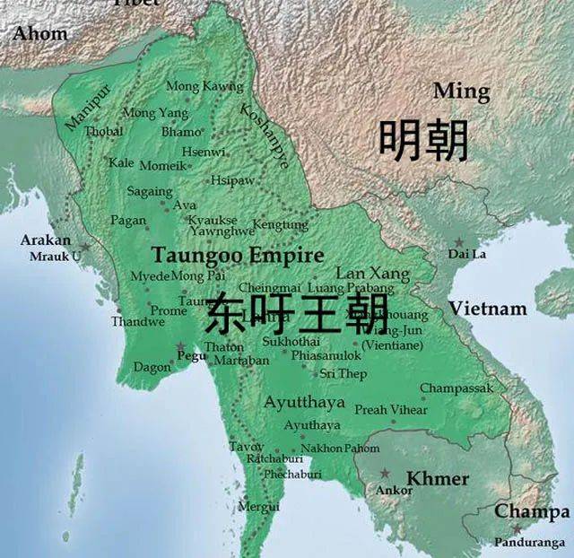 東籲王朝在1580年達到緬甸版圖最大值，完全吞併了泰國