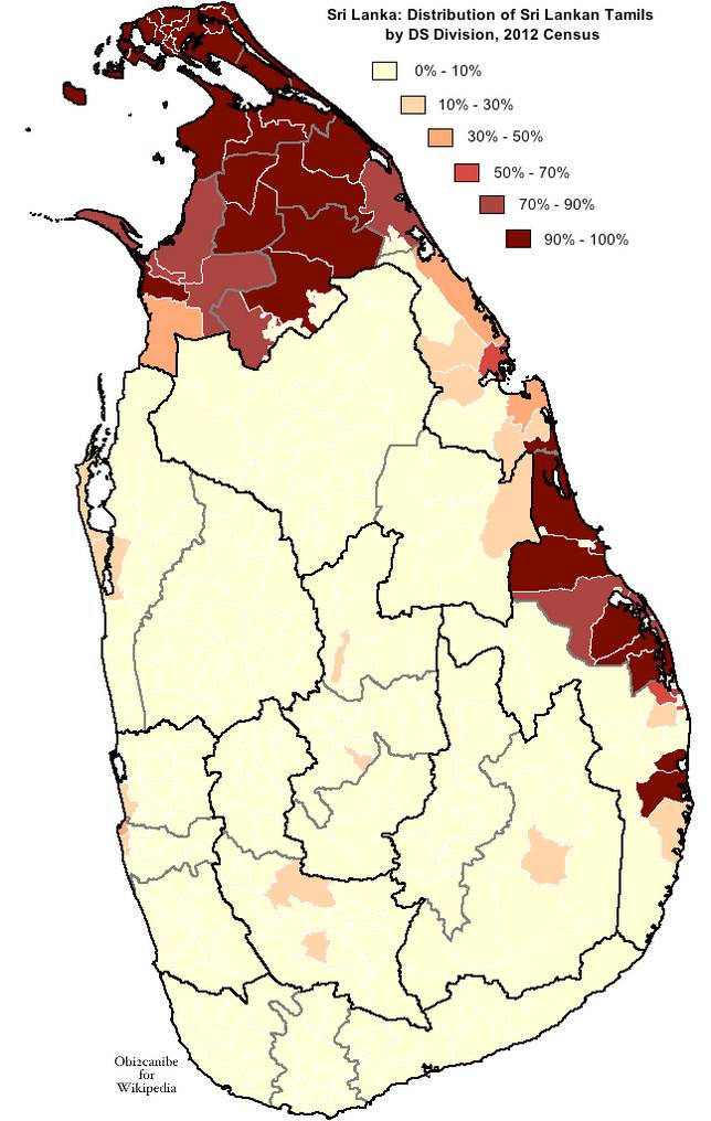 現代斯里蘭卡各地泰米爾人的佔比，主要分佈在距離印度南部較近的地區