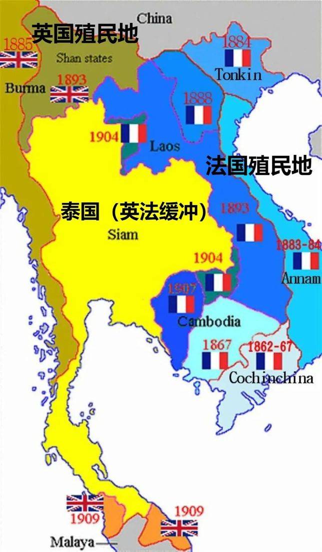 英法在中南半島的殖民過程，其中只有泰國（黃色）保持了獨立