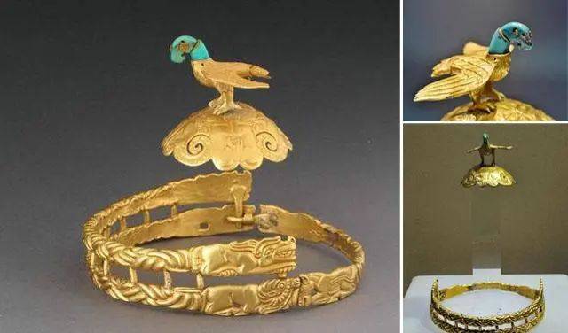 出土於今內蒙古鄂爾多斯市的匈奴王族金冠，經考證，是唯一的匈奴冠飾文物，時間為戰國晚期