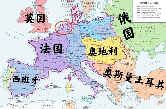 法蘭西第一帝國將整個尼德蘭（紅圈內）納入領土