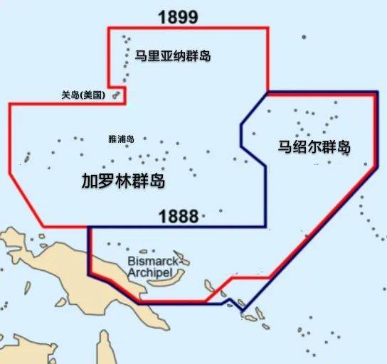 1899年德國新獲得的馬里亞納群島和加羅林群島被併入了德屬新幾內亞（藍線為1888年德國-西班牙舊分