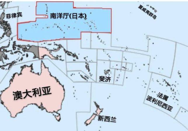 日本南洋廳的統治範圍及地理位置（深藍色）