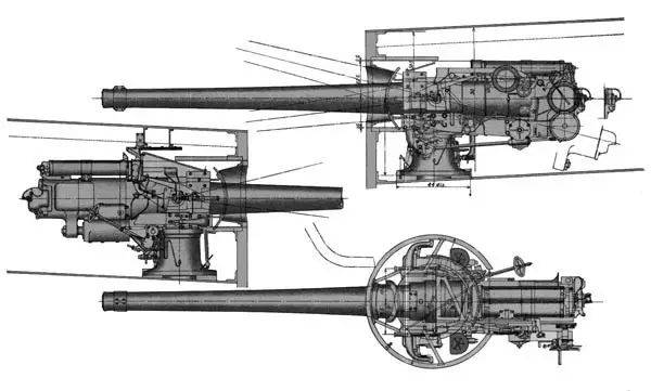 （上圖）152 毫米火炮的安裝結構圖