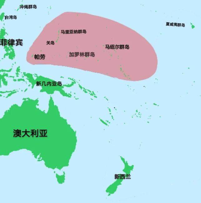 密克羅尼西亞（粉紅色區域）的地理位置，主要由馬里亞納、加羅林、馬紹爾三大群島組成
