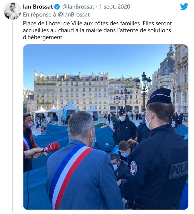 布羅薩在推特上表示：巴黎市府站在難民家庭一邊在解決住宿問題前，市府會熱情接待他們。（推特截圖）
